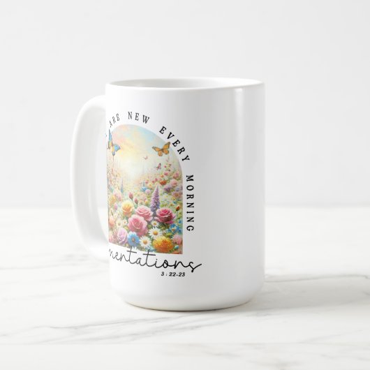 Zijn barmhartigheden zijn nieuwe Christelijke Bijb Koffiemok (Voorkant links)