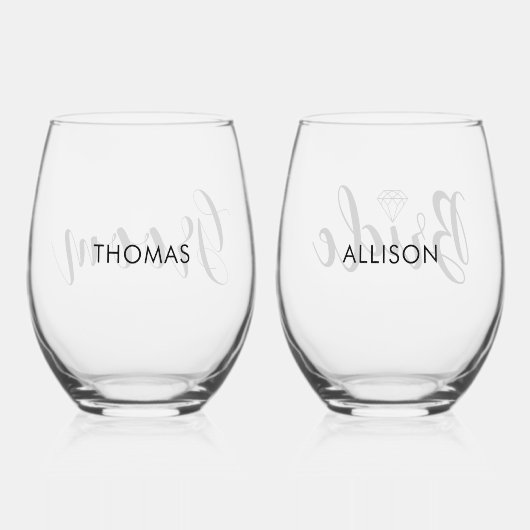 Zijn en haar "bruidegom en bruid" gepersonaliseerd wijnglas zonder voet (Achterkant)
