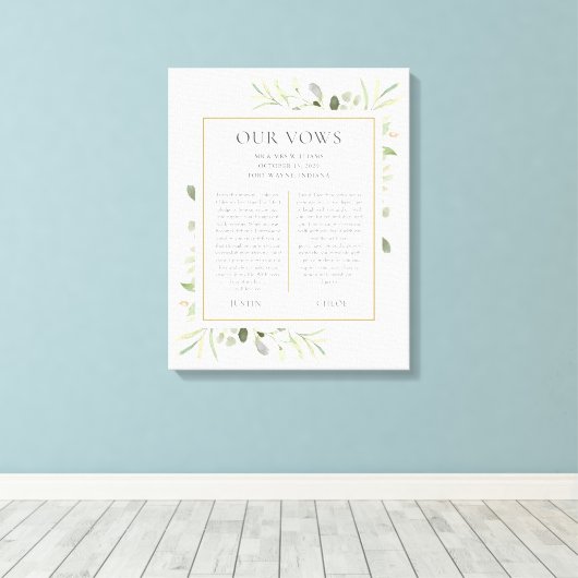 Zijn en haar bruiloft Vows Greenery Foliage Canvas Afdruk (Insitu (Houten vloer))