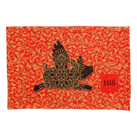 Zijn en haar Chinese varken vliegen silhouet rood Kussensloop (Voorkant-Links)