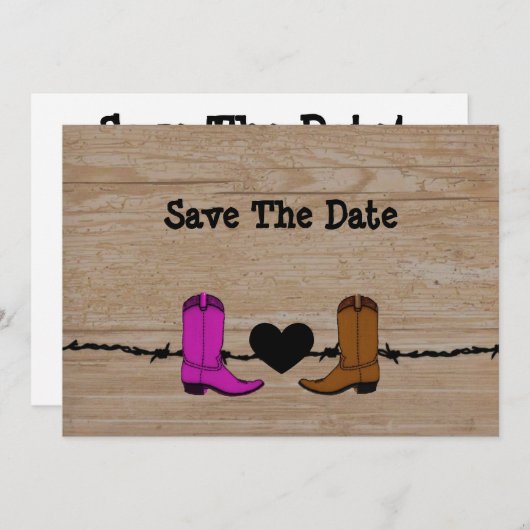 Zijn en haar cowboy Boots redden de datum Save The Date (Voorkant / Achterkant)