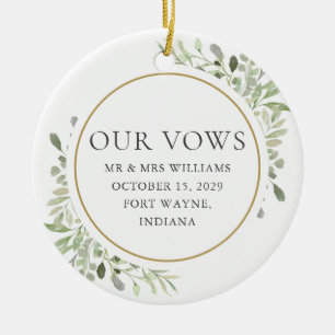 Zijn en haar huwelijksgeloften groen gebladerte keramisch ornament