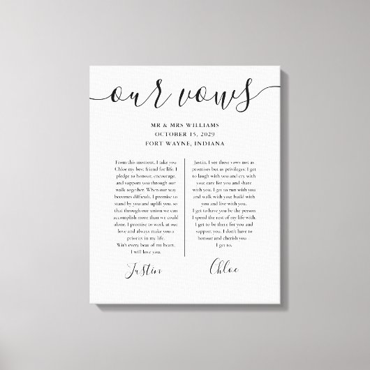 Zijn en haar huwelijksgeloften Zwart en wit schrif Canvas Afdruk (Voorkant)