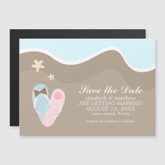 Zijn en haar Teenslippers bruiloft redden de datum Magnetische Uitnodiging (Voorkant / Achterkant)