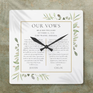 Zijn en haar trouwende Vows Greenery Foliage Vierkante Klok