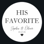 ZIJN FAVORIETE Dessert Snoep Bar Hart Trouwgunst Ronde Sticker<br><div class="desc">Een Classic Black Thank You Wedding Sticker met "His Favorite" in een klassiek modern elegant lettertype. U kunt het gemakkelijk personaliseren met uw namen en trouwdatum.</div>
