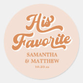 Zijn favoriete  Oranje Retro 70s bruiloft Ronde Sticker (Voorkant)