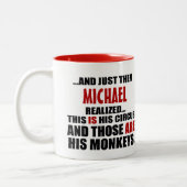 (Zijn) Funny Personalized Circus Monkeys Tweekleurige Koffiemok (Links)