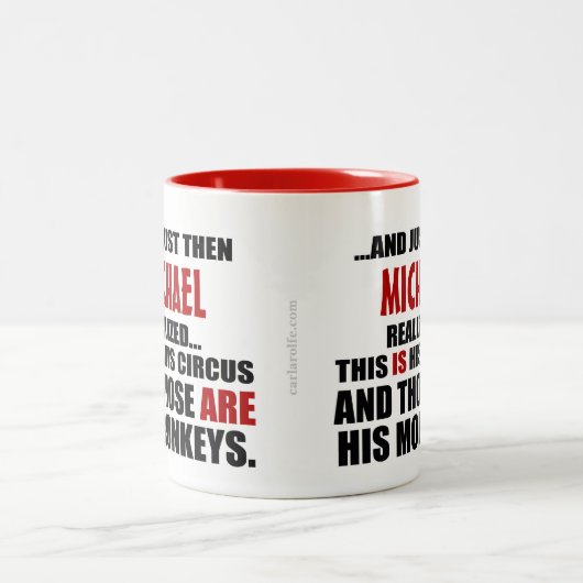 (Zijn) Funny Personalized Circus Monkeys Tweekleurige Koffiemok (Center)