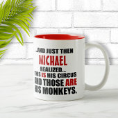 (Zijn) Funny Personalized Circus Monkeys Tweekleurige Koffiemok