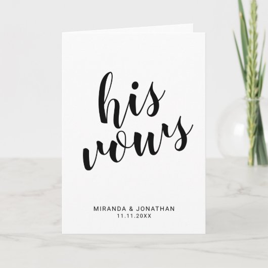 'Zijn geloften' Elegante zwart-wit bruiloft geloft Notitiekaartje (Voorkant)