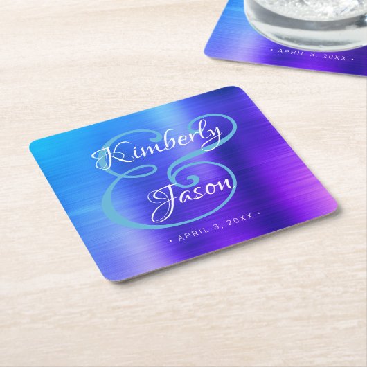 Zijn & haar scriptnamen, geborsteld Blue Metal Wed Kartonnen Onderzetters (Schuin)