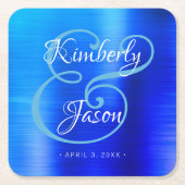 Zijn & haar scriptnamen, geborsteld Blue Metal Wed Kartonnen Onderzetters (Voorkant)