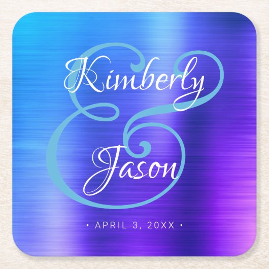 Zijn & haar scriptnamen, geborsteld Blue Metal Wed Kartonnen Onderzetters (Voorkant)