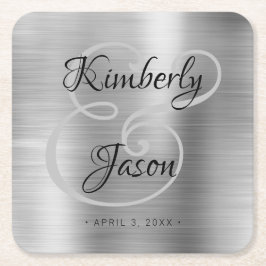 Zijn/haar scriptnamen, geborsteld zilveren bruilof kartonnen onderzetters