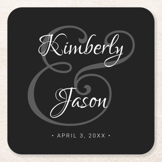 Zijn & haar witte scriptnamen, Black Wedding Kartonnen Onderzetters (Voorkant)