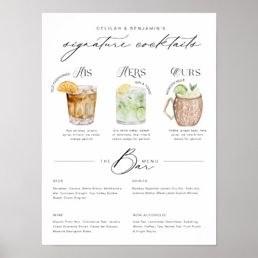 Zijn Hers & Ours Waterverf Signature Cocktail Menu Poster (Voorkant)