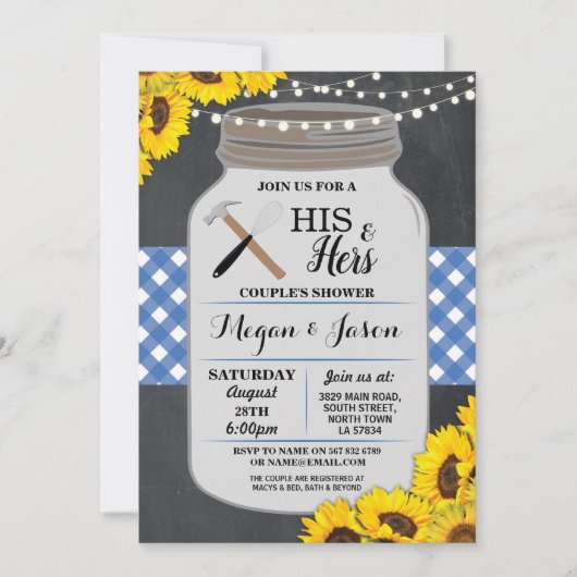 Zijn & Hers Paar Douche Verloving Blauw Uitnodigen Kaart (Voorkant)