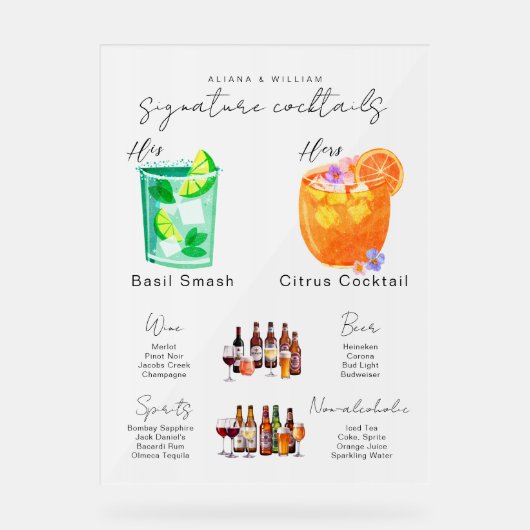 Zijn & Hers Waterverf Signature Cocktail Menu Acryl Bord (Voorkant)