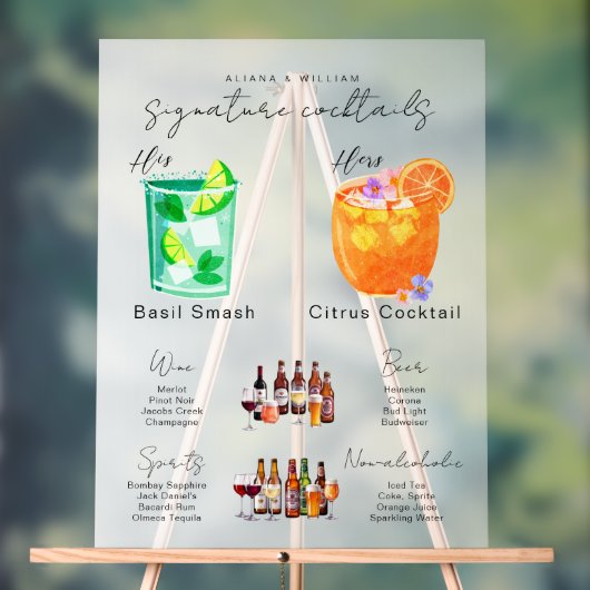 Zijn & Hers Waterverf Signature Cocktail Menu Acryl Bord (Neutraal)
