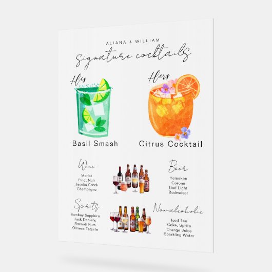 Zijn & Hers Waterverf Signature Cocktail Menu Acryl Bord (Hoek)