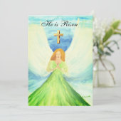 Zijn is Risen Waterverf Paasengel Cross Invitat Kaart (Staand voorkant)