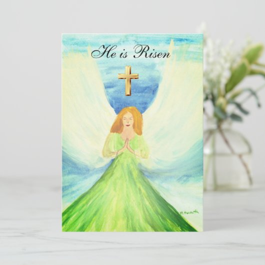 Zijn is Risen Waterverf Paasengel Cross Invitat Kaart (Staand voorkant)