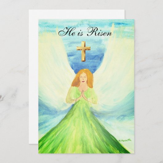 Zijn is Risen Waterverf Paasengel Cross Invitat Kaart (Voorkant / Achterkant)