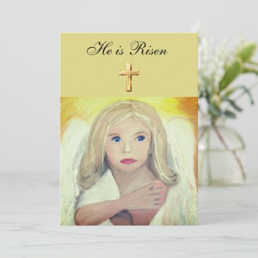 Zijn is Risen Waterverf Paasengel Kruis Kaart (Staand voorkant)