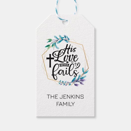 Zijn liefde mislukt nooit. cadeaulabel (Voorkant)