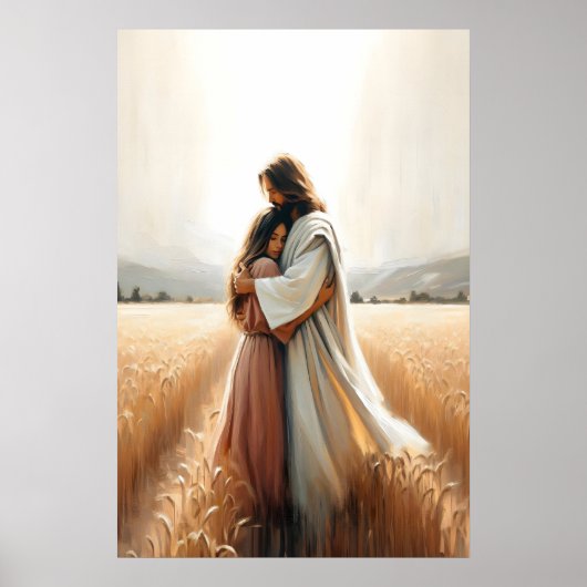 Zijn liefdevolle omhelzing Jezus knuffelt vrouw ge Poster (Voorkant)
