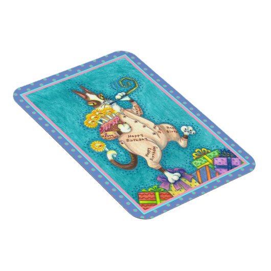 ZIJN N' FITZ KAT IN VERJAARDAGSPAK, TAART & KAARSE MAGNEET (Rechterzijde)