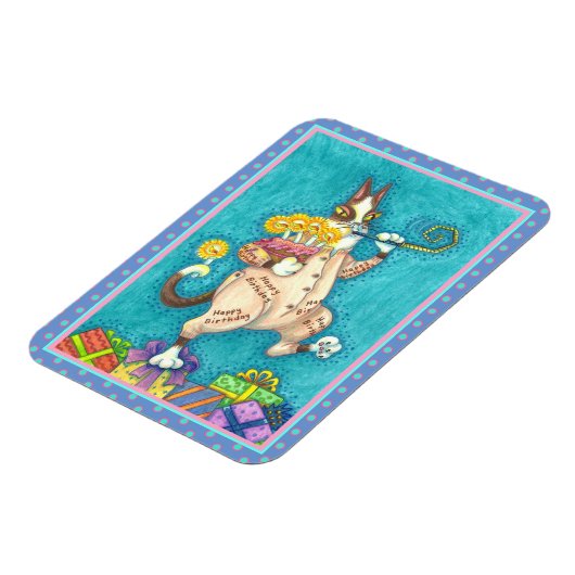 ZIJN N' FITZ KAT IN VERJAARDAGSPAK, TAART & KAARSE MAGNEET (Linkerzijde)