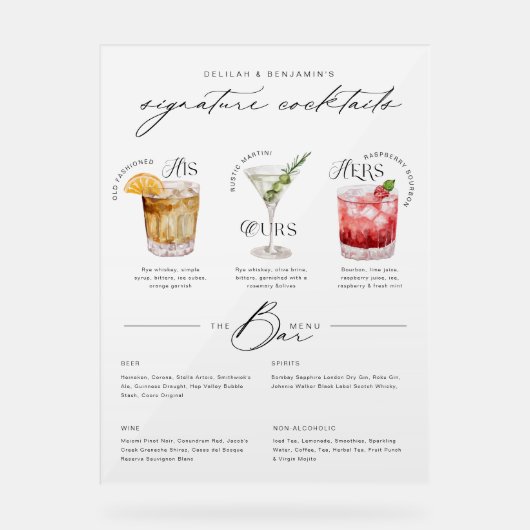Zijn Ours & Hers Waterverf Signature Cocktail Menu Acryl Bord (Voorkant)