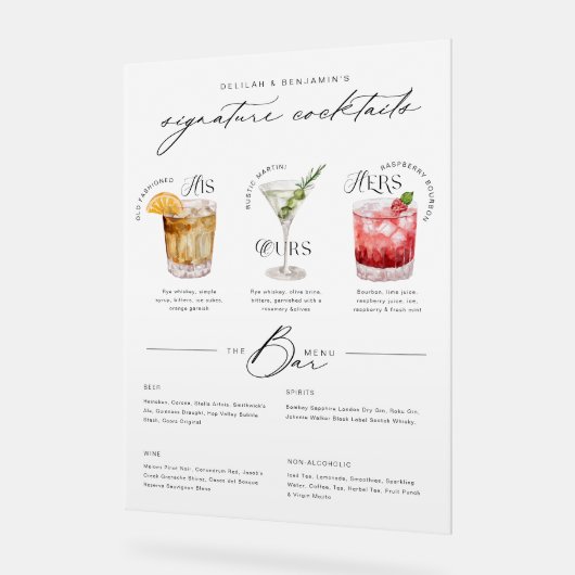 Zijn Ours & Hers Waterverf Signature Cocktail Menu Acryl Bord (Hoek)