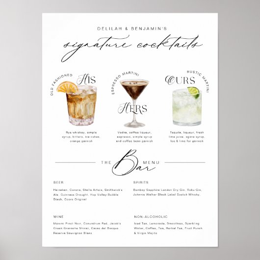 Zijn Ours & Hers Waterverf Signature Cocktail Menu Poster (Voorkant)