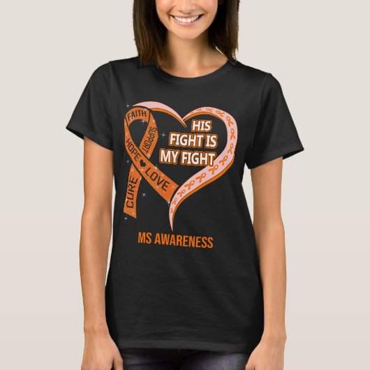 Zijn strijd is mijn 'Fight Ribbon Heart MS BEWUTEN T-shirt (Voorkant)