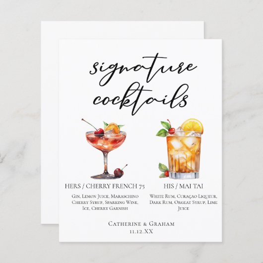 Zijn zomer bruiloft handtekening cocktails menu (Voorkant / Achterkant)