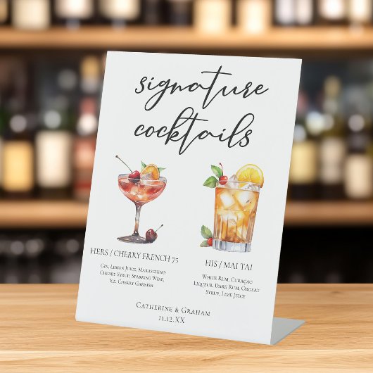 Zijn zomer bruiloft handtekening cocktails menu reclamebord met voetstuk