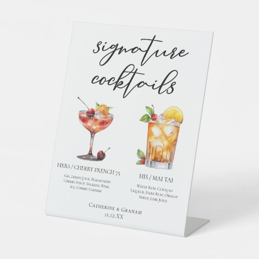 Zijn zomer bruiloft handtekening cocktails menu reclamebord met voetstuk (Voorkant)