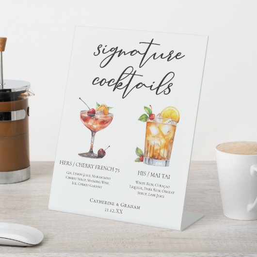 Zijn zomer bruiloft handtekening cocktails menu reclamebord met voetstuk (Insitu)