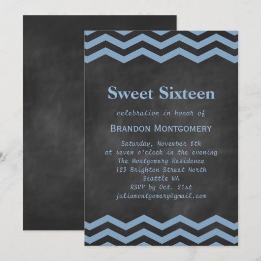 Zijne Chalkboard & Blue Chevron Sweet 16 Uitnodigi Kaart (Voorkant / Achterkant)