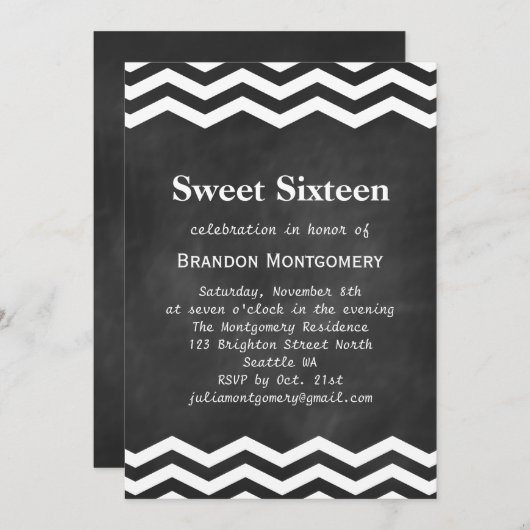 Zijne Chalkboard & White Chevron Sweet 16 Uitnodig Kaart (Voorkant / Achterkant)