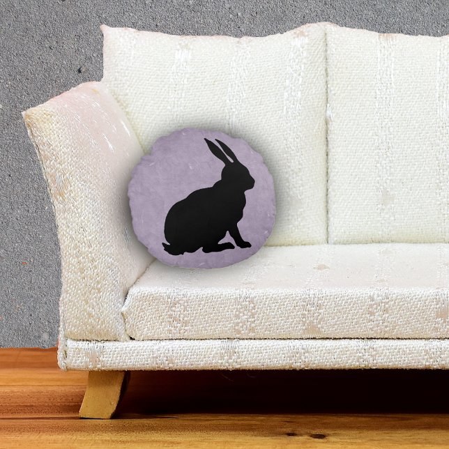 Zijprofiel Zittend zwart Konijn Gemarmerd Paarse Rond Kussen (Sitting black silhouette bunny rabbit on marbled purple round throw decorative pillow.)