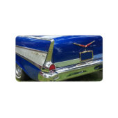 Zijwitte staartvin op blauwe klassieke auto etiket (Voorkant)