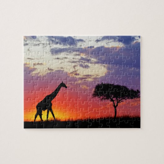 Zilhouette van giraffe bij zonsopgang, Giraffa Legpuzzel (Horizontaal)