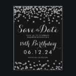 Zilver 18e Verjaardag Opslaan Datum Confetti Zwart Aankondigingskaart<br><div class="desc">18e verjaardagsfeest "Save The Date" sjabloon ontwerp met Silver Faux Glitter Confetti Black en aangepaste naam en datum tekst. Volledig aanpasbaar!</div>