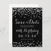 Zilver 18e Verjaardag Opslaan Datum Confetti Zwart Aankondigingskaart (Voorkant / Achterkant)