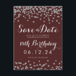 Zilver 18e verjaardag Save Date Confetti Bourgondi Aankondigingskaart<br><div class="desc">18e verjaardagsfeest "Save The Date" sjabloon ontwerp met Silver Faux Glitter Confetti Bourgogne en aangepaste naam en datum tekst. Volledig aanpasbaar!</div>