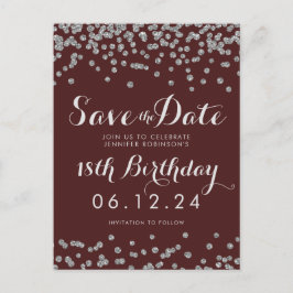 Zilver 18e verjaardag Save Date Confetti Bourgondi Aankondigingskaart